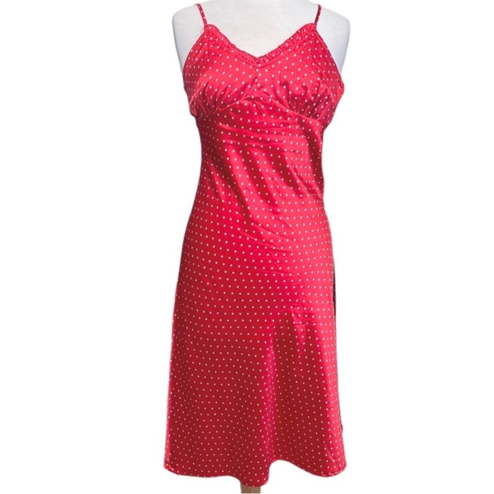 Red & white polka dot satin midi dress size small